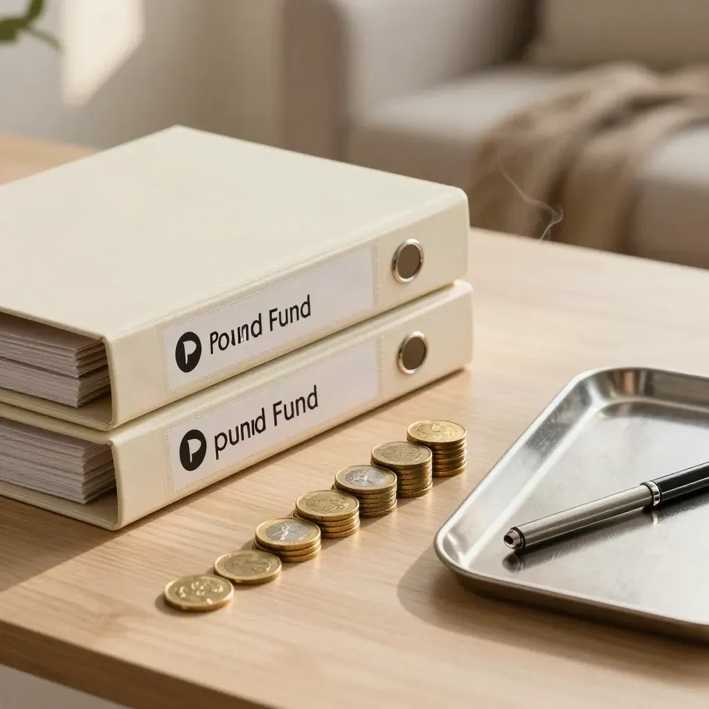 Cream investment binders, coin rows and steel tray on a pale oak table with tea steam.