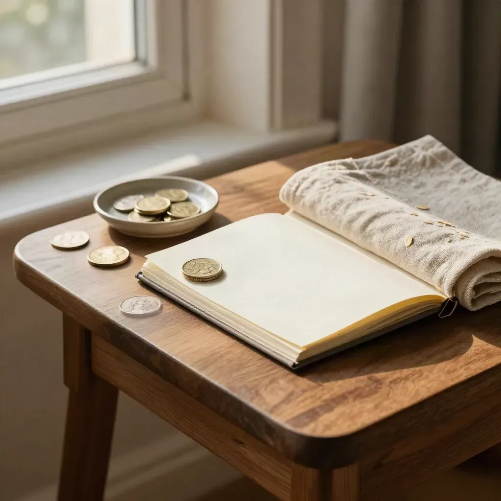 Coins beside a cream notebook and folded linen cloth on a warm side table in soft afternoon light.