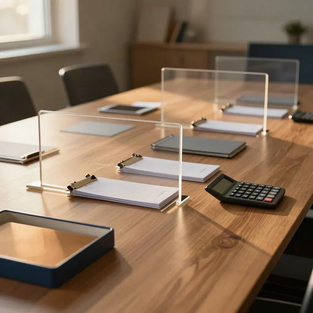 Transparent receipt sleeves, dividers, and a turned-away calculator on a walnut table in warm lamplight.