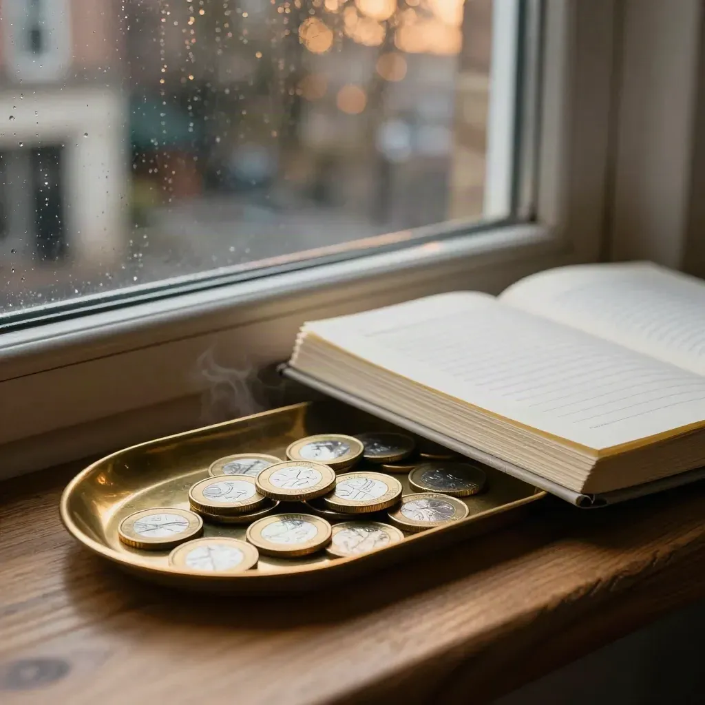 Pound coins and a brass tray by a ledger binder beside a rainy window at dusk.