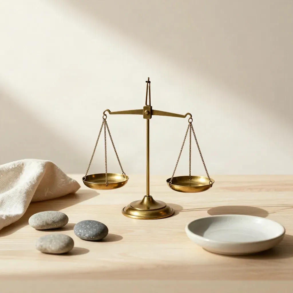 Balance scale, stone pebbles and folded cloth on pale wood in soft daylight.